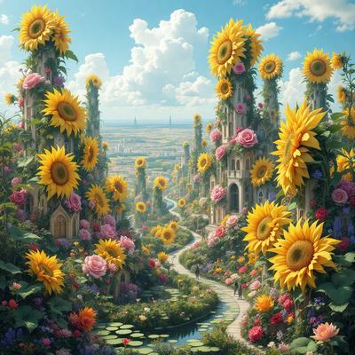 The primary subject of the image is a beautiful garden filled with vibrant flowers, including sunflowers, and a variety of other flowers. The garden is set in a picturesque landscape with a river flowing through it. The visual style of the image is a digital art or illustration, creating a lush and colorful atmosphere. The dominant colors in the scene are yellow, pink, and purple, which contribute to the overall mood of the garden.